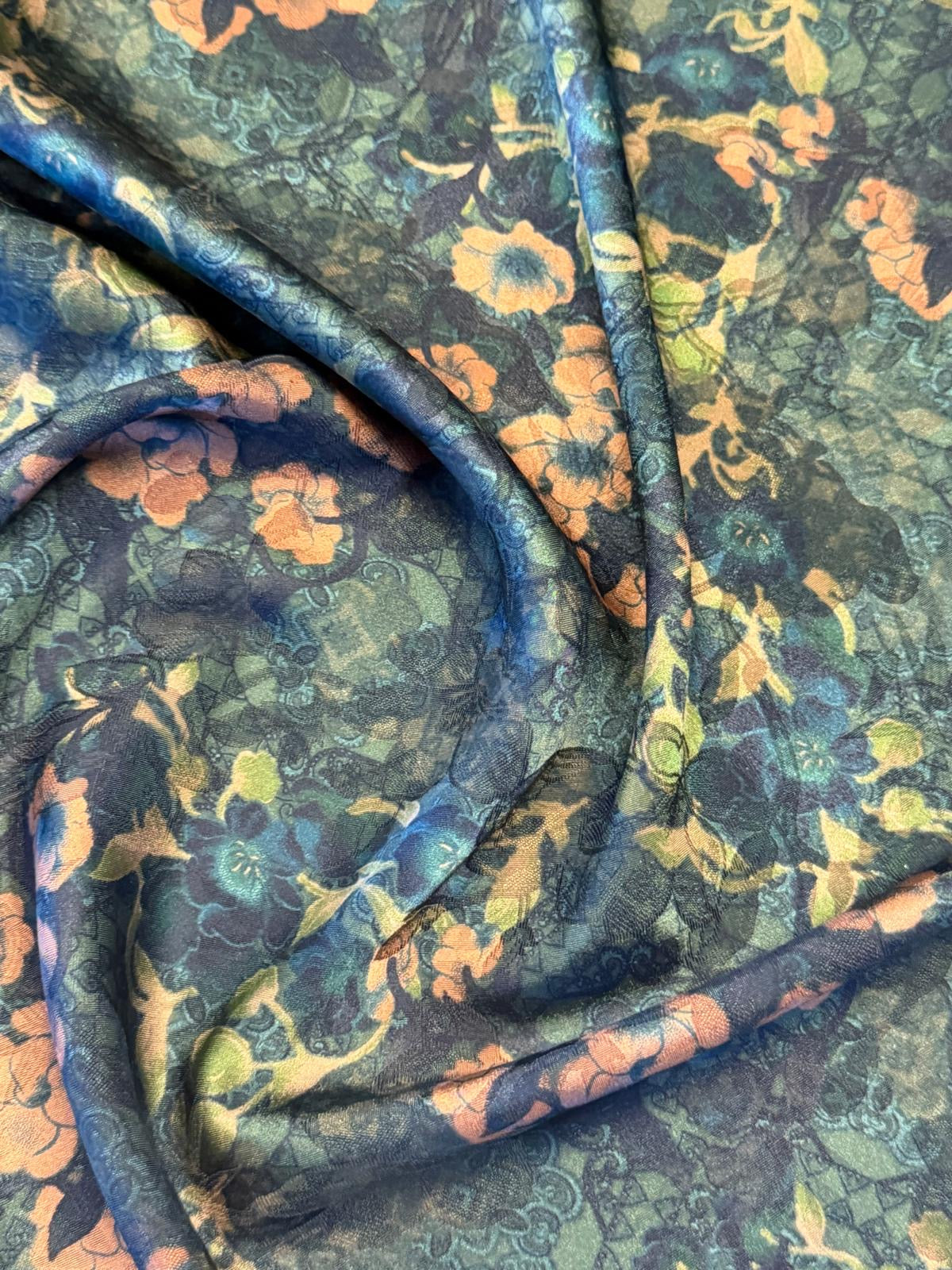 Floral Chinoiserie Polyester Satin Fabric Green | Silky Ladieswear Dress Fabric | 140cm Wide