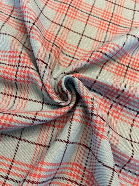 Pale Blue Woven with Coral and Plum Check - 100% Wool - 145cm