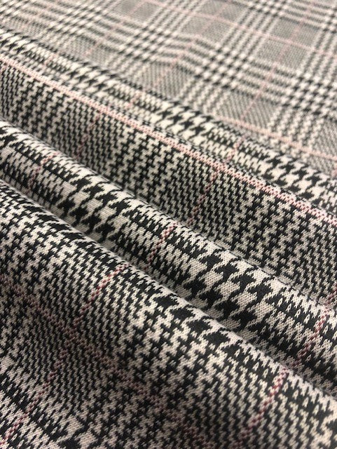 Black & White Prince of Wales Check Fabric with Pink Accent