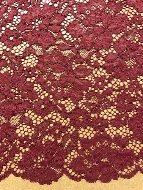 Burgundy Corded Lace with Scalloped Edges – 143cm Wide