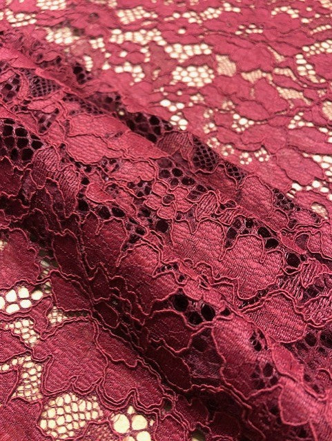 Burgundy Corded Lace with Scalloped Edges – 143cm Wide