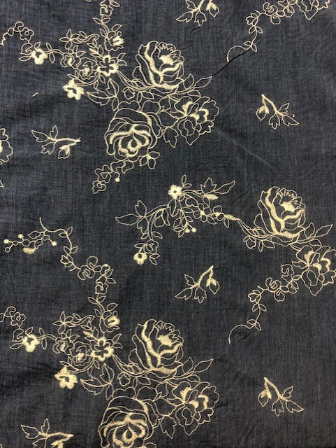 Blue & Ivory Pencil-Drawn Floral Fabric with Textured Stitching – 65% Cotton, 35% Polyester