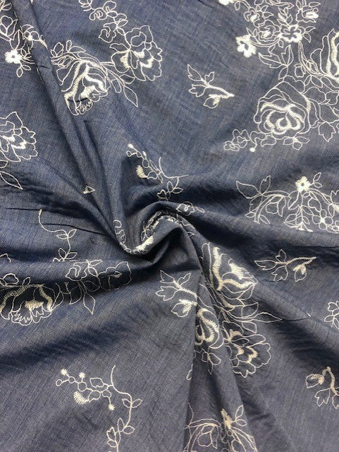 Blue & Ivory Pencil-Drawn Floral Fabric with Textured Stitching – 65% Cotton, 35% Polyester