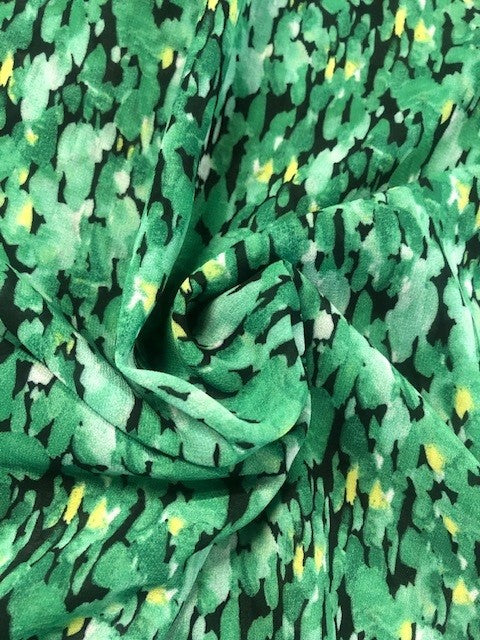 Green Abstract Flowers on Black – Lightweight Dressmaking Fabric
