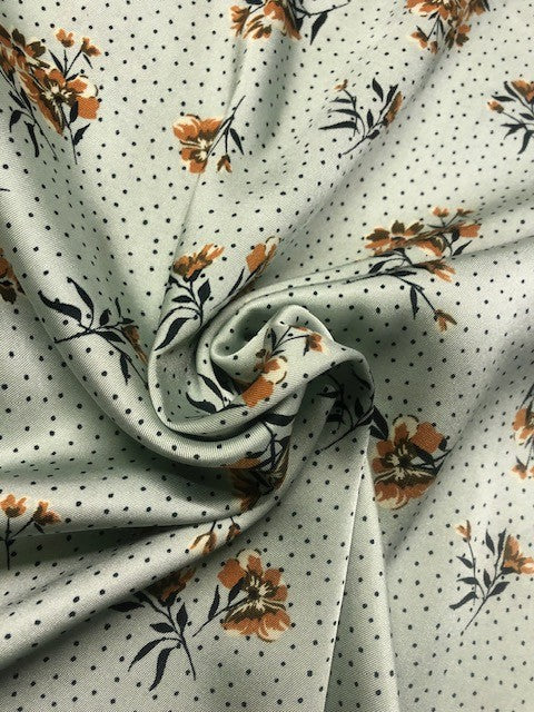 Terracotta Floral Print on Panache Green – 150cm Wid