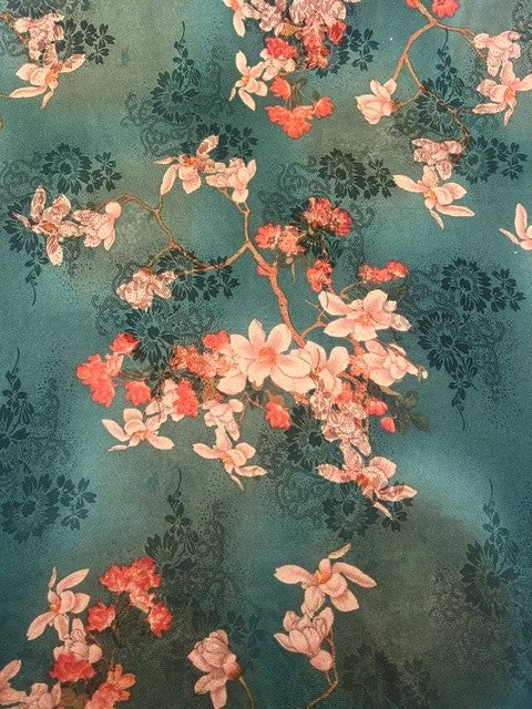 Teal Cherry Blossom Printed 100% Polyester Satin Fabric – Pink & Orange Floral - 150cm Wide