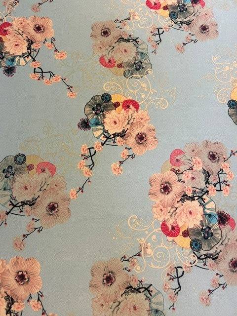 Duck Egg Japanese Botanical Print - 100% Polyester Satin - 150cm Wide