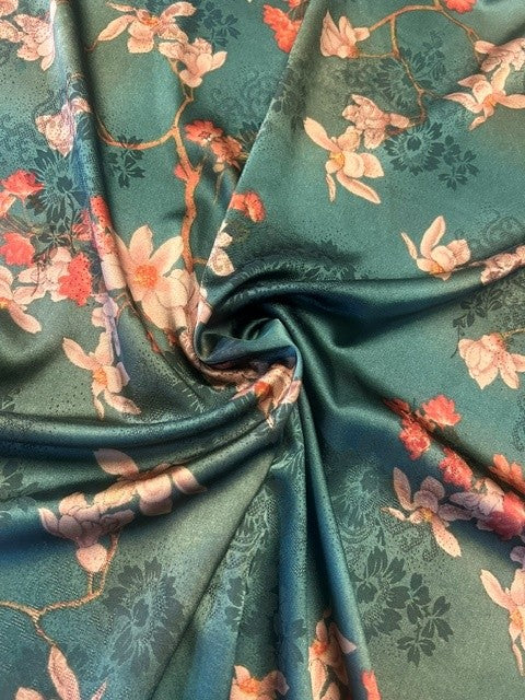 Teal Cherry Blossom Printed 100% Polyester Satin Fabric – Pink & Orange Floral - 150cm Wide
