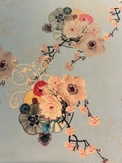 Duck Egg Japanese Botanical Print - 100% Polyester Satin - 150cm Wide