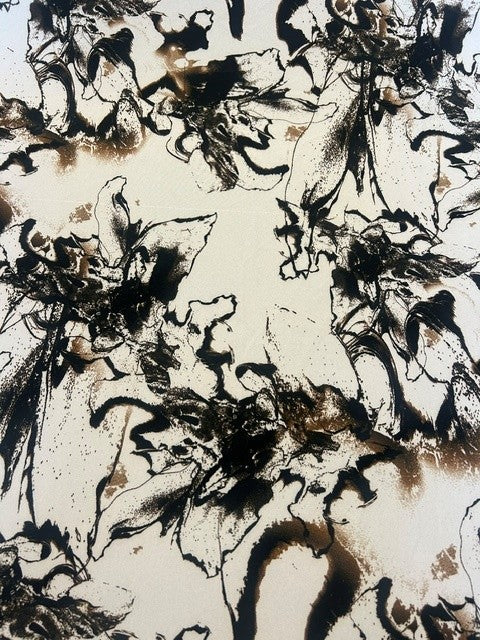 Abstract Ink Wash Black & Bronze Printed 100% Matt Polyester Fabric - 150cms Wide