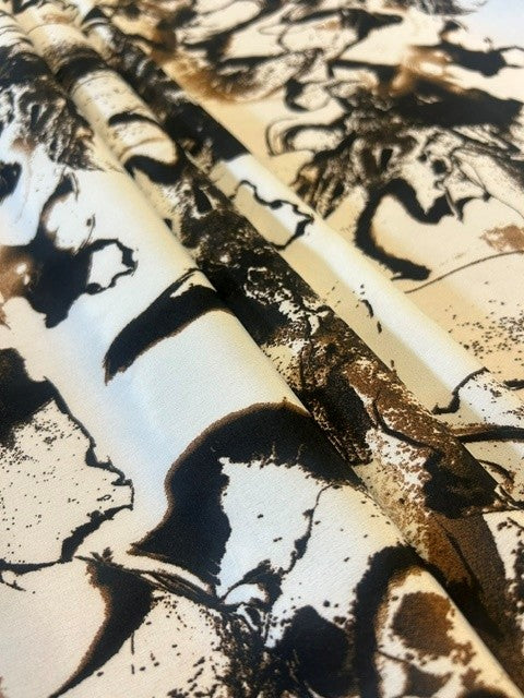 Abstract Ink Wash Black & Bronze Printed 100% Matt Polyester Fabric - 150cms Wide