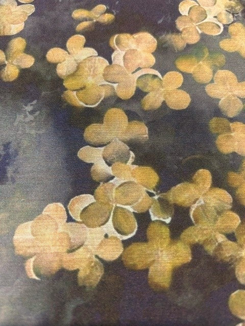 Ochre & Golden Tan Floral Print on Purple & Green - 100% Polyester - 150cms Wide