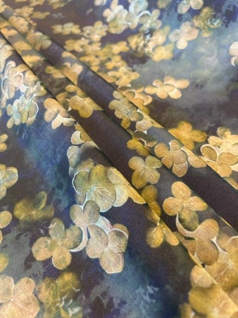 Ochre & Golden Tan Floral Print on Purple & Green - 100% Polyester - 150cms Wide