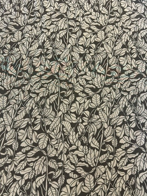 Brown Matt Satin with Taupe Botanical Leaf Print - 100% Polyester - 150cms Wide