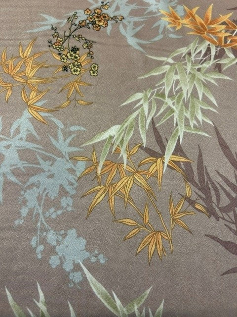 Dusky Pink Oriental Printed Satin with Amber & Silver Bamboo & Cherry Blossom - 100% Polyester - 150cm Wide