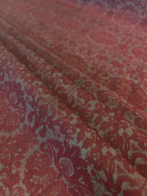 Red & Taupe Damask Floral Block Design Print - 100% Polyester - 150cms Wide