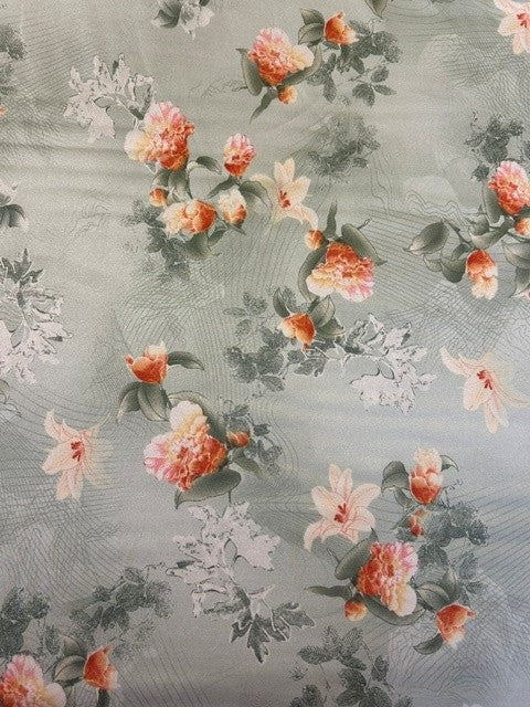 Pale Grey Floral Printed Fabric With Soft Peach Blossoms - 100% Polyester - 150cms Wide