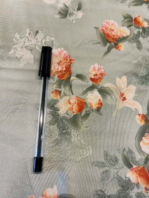 Pale Grey Floral Printed Fabric With Soft Peach Blossoms - 100% Polyester - 150cms Wide
