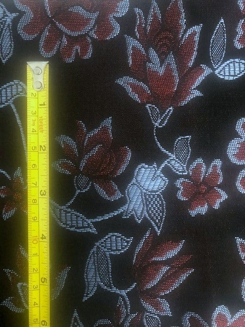 Burgundy Lurex Flower Jacquard on Sky/Black – Elegant Statement Fabric
