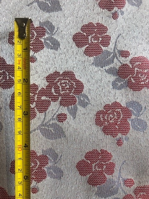 Red Flower Jacquard on Cloud Blue with Lurex – Elegant & Textured Fabric