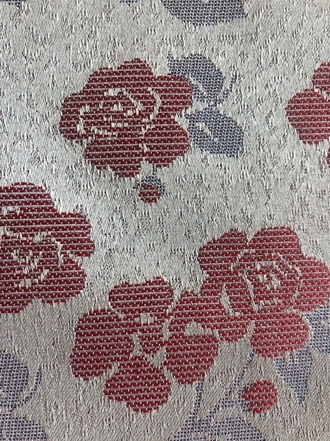 Red Flower Jacquard on Cloud Blue with Lurex – Elegant & Textured Fabric