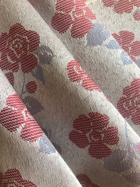 Red Flower Jacquard on Cloud Blue with Lurex – Elegant & Textured Fabric