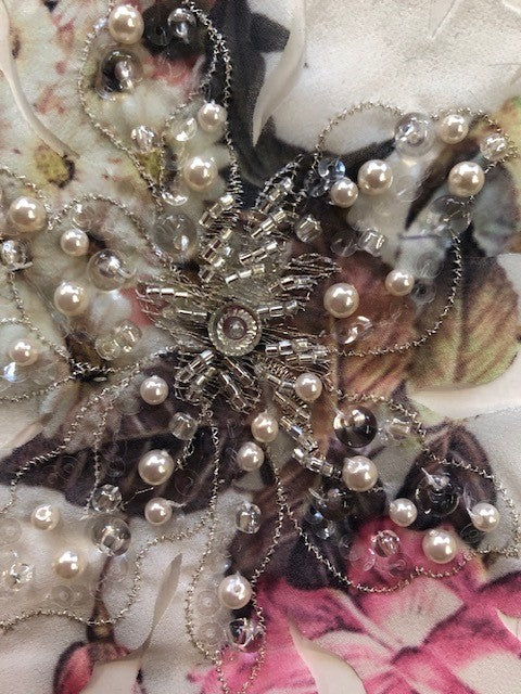 Floral Printed Applique with Lurex Detail, Pearls and Beads