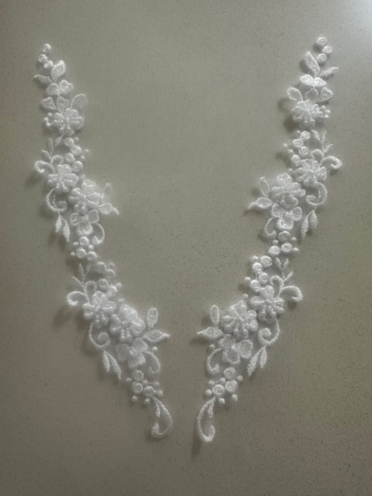 Ivory Embroidered & Beaded Applique, 25cm Long, Sold as Pairs