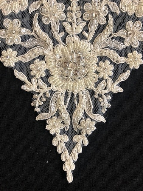 Ivory Embroidered Lace, Beaded & Crystal Sequin Neckline Motif