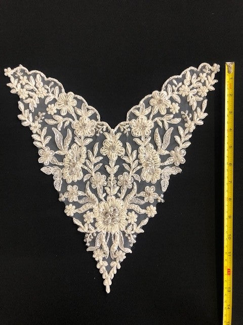 Ivory Embroidered Lace, Beaded & Crystal Sequin Neckline Motif