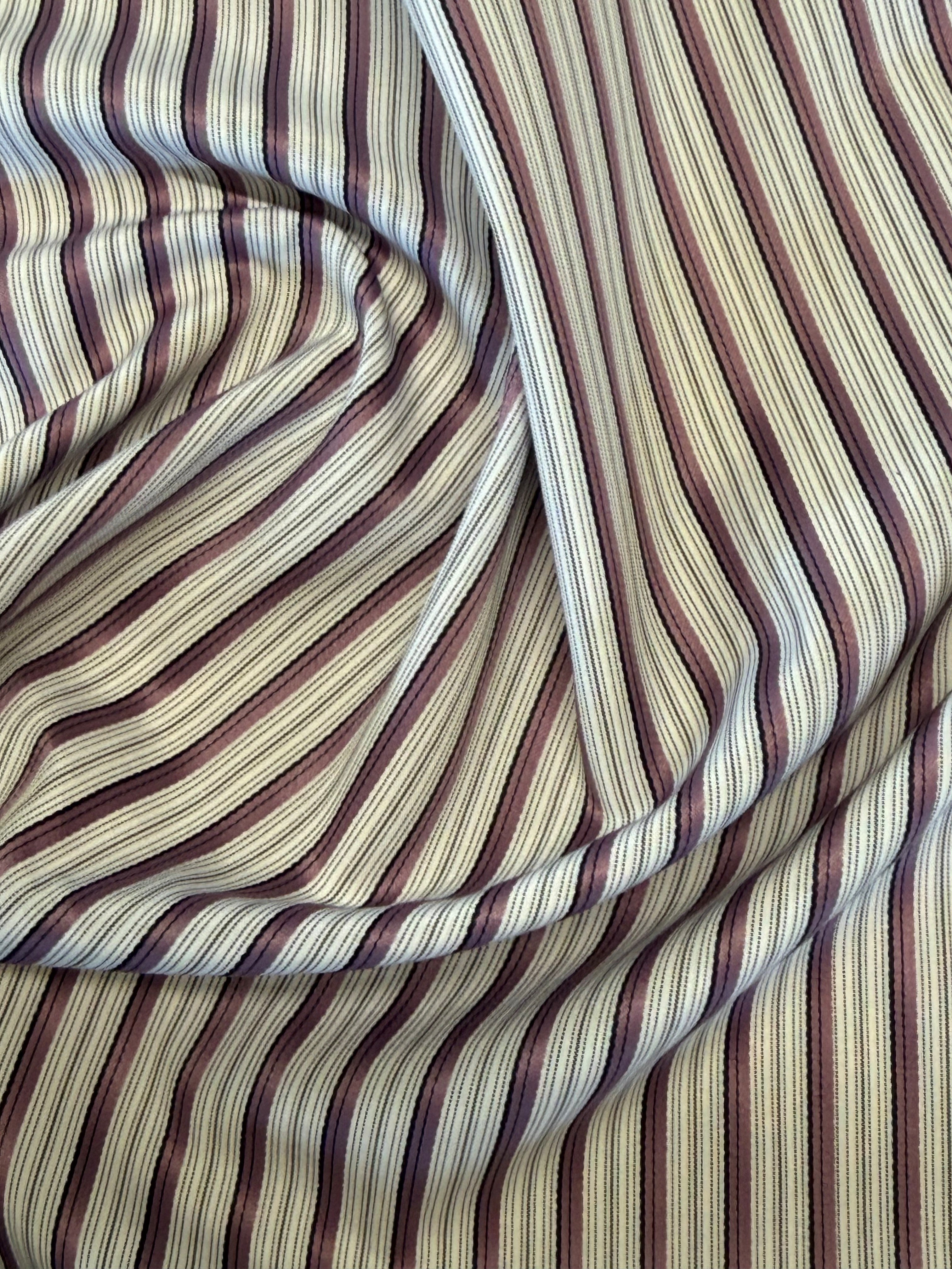 White Cotton Shirting Fabric with Plum & Black Stripes