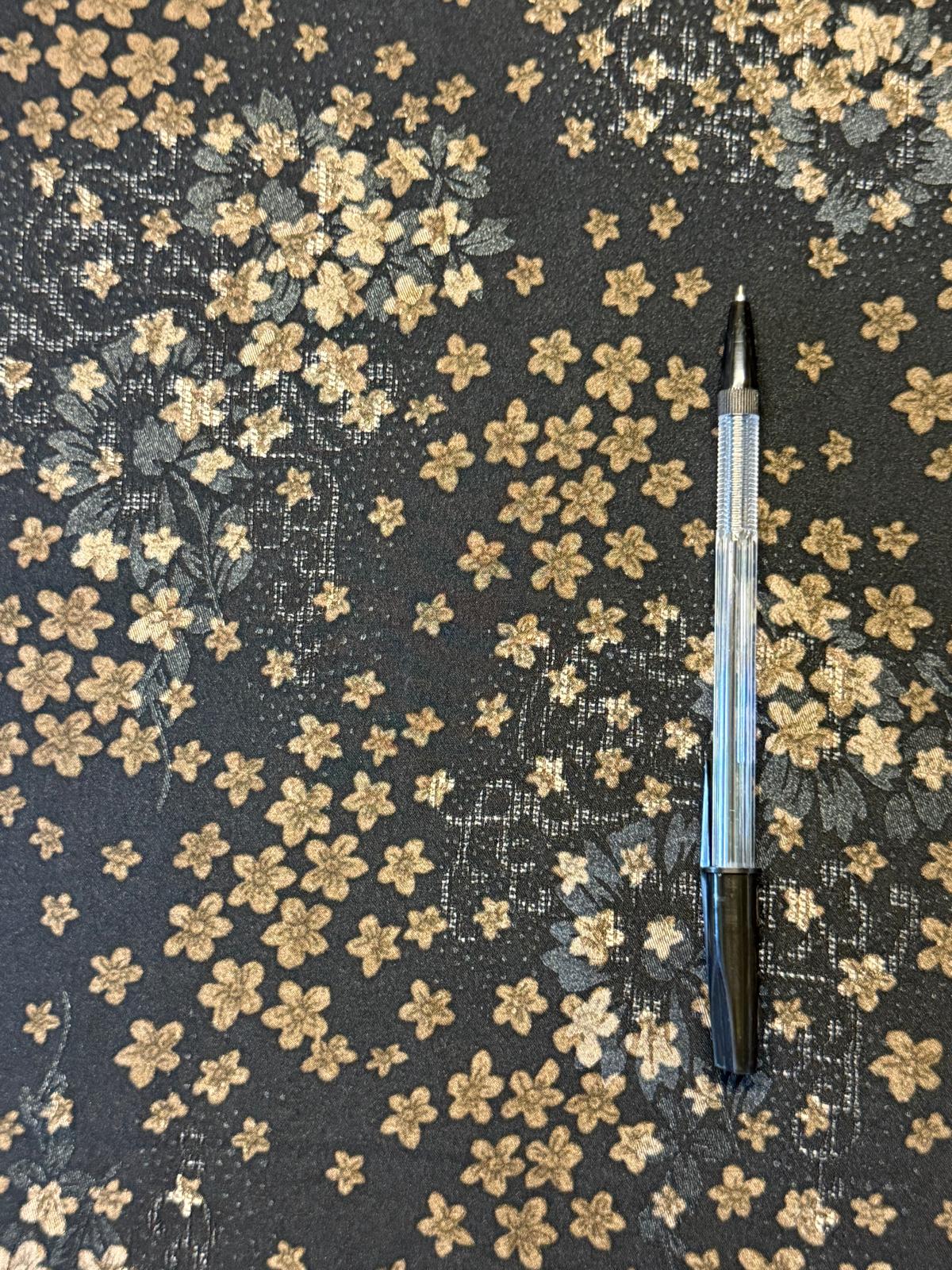 Black & Gold Floral Satin Fabric – 100% Polyester, 140cm Wide
