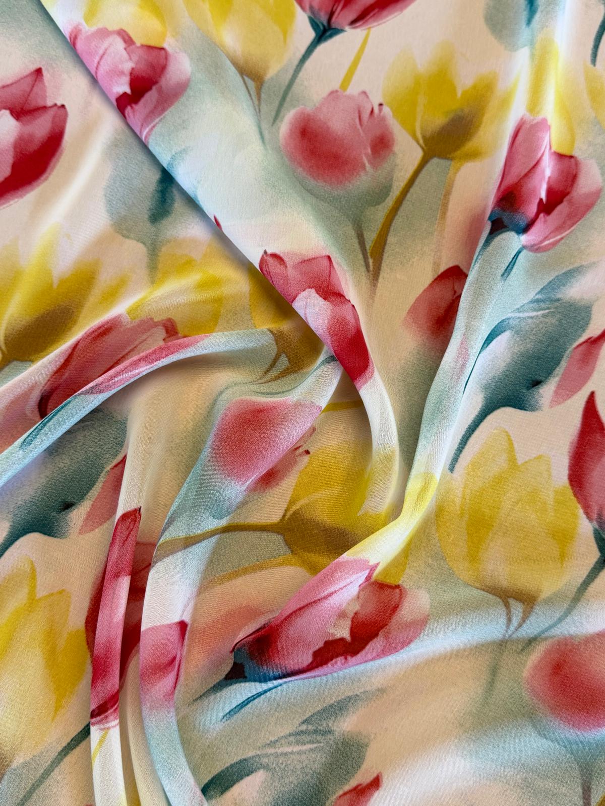 Ivory Pastel Floral Printed Chiffon Fabric | Silky Summerwear & Occasion Wear Fabric