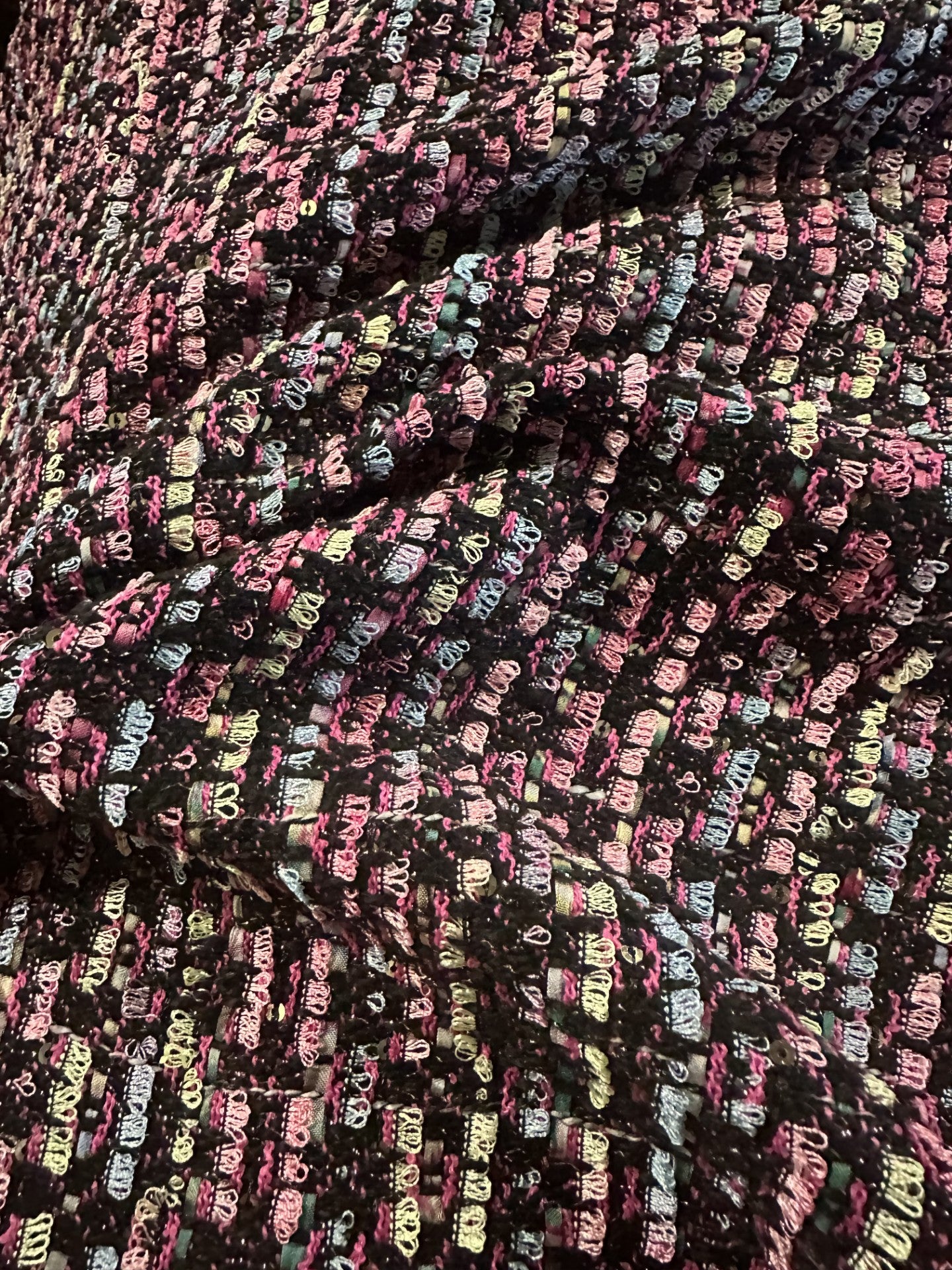 Chanel-Style Multi-Coloured Bouclé Fabric – Black, Pink, Blue & Green