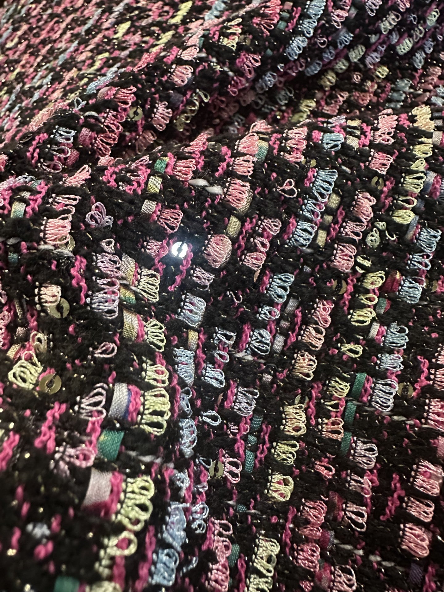 Chanel-Style Multi-Coloured Bouclé Fabric – Black, Pink, Blue & Green