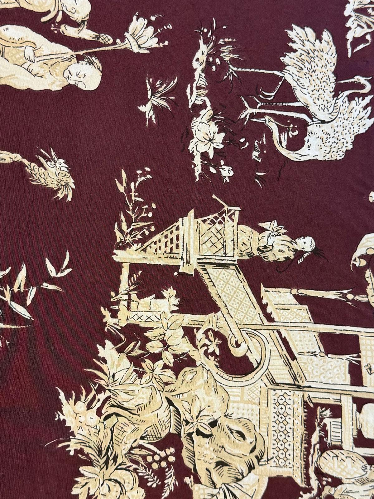 Luxury Red Oriental Print Cotton Fabric | Premium Furnishing Fabric