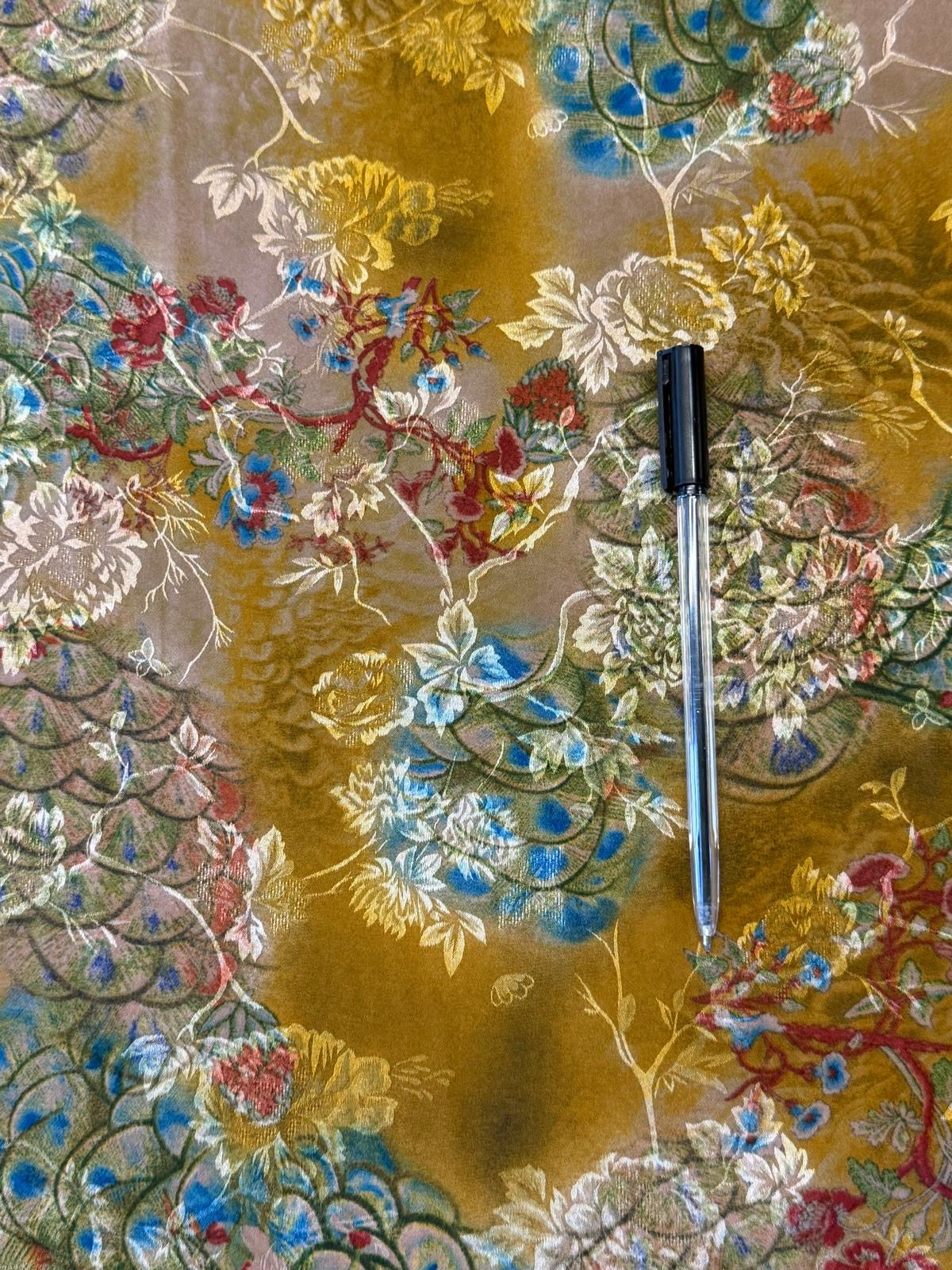 Floral Multicoloured Polyester Satin Fabric on Gold - 140cm Wide