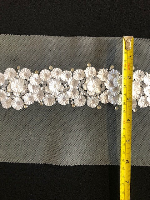 White Laser Cut Flower Trim, Beaded & Sequinned 5cm Wide