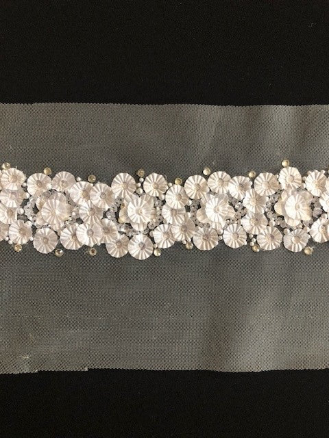 White Laser Cut Flower Trim, Beaded & Sequinned 5cm Wide