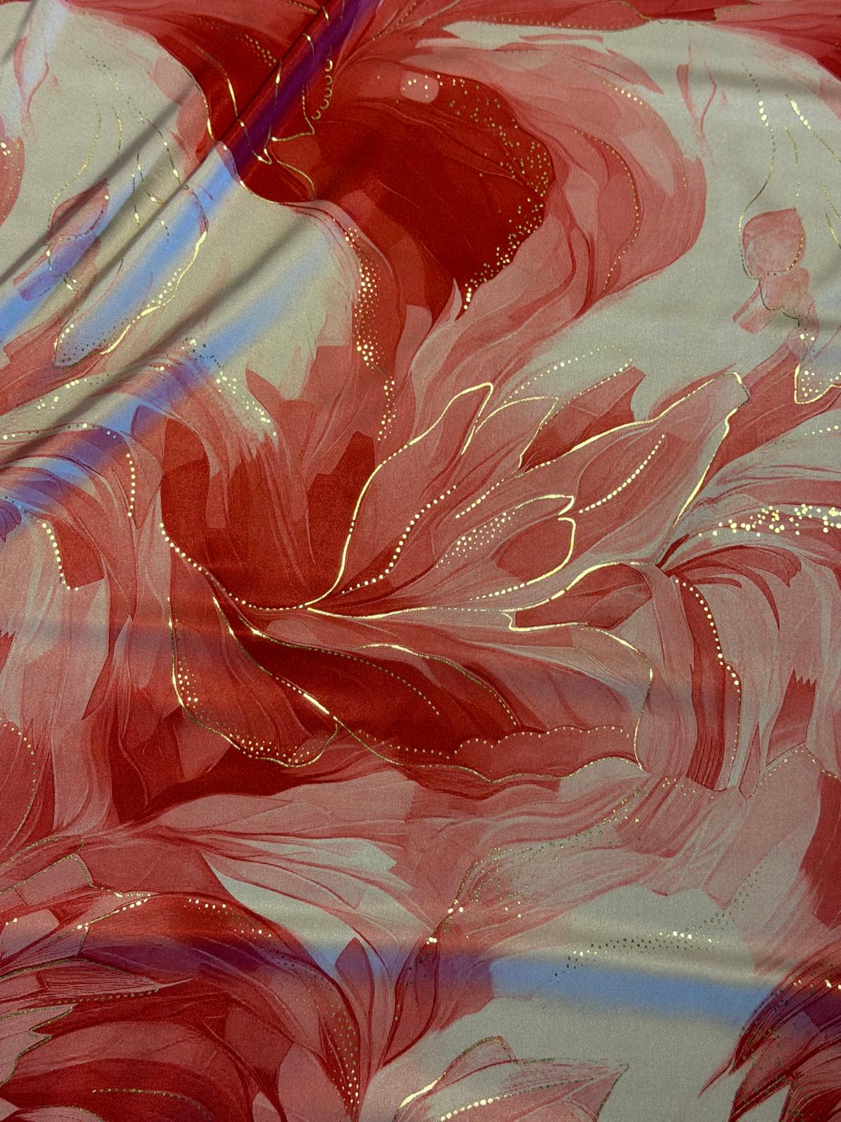 Red & White Floral Printed Chiffon Fabric with Gold Detail | Elegant Occasion Wear & Layering Fabric