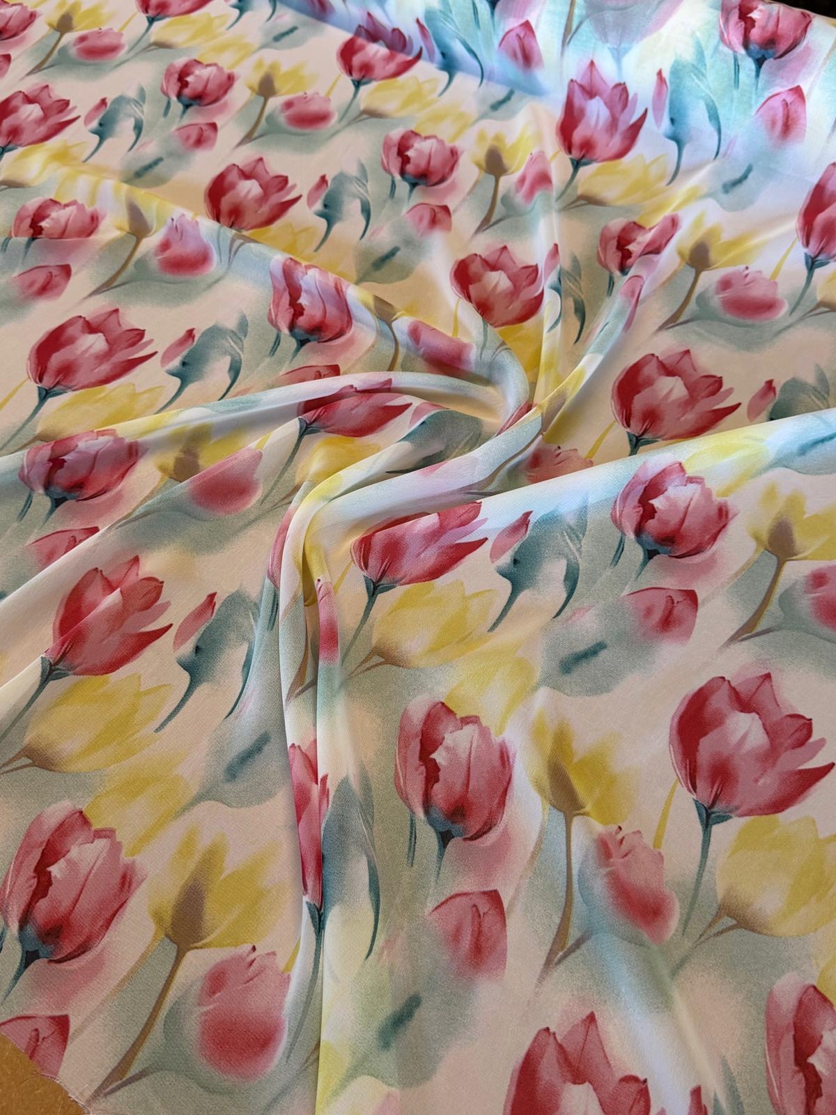 Ivory Pastel Floral Printed Chiffon Fabric | Silky Summerwear & Occasion Wear Fabric