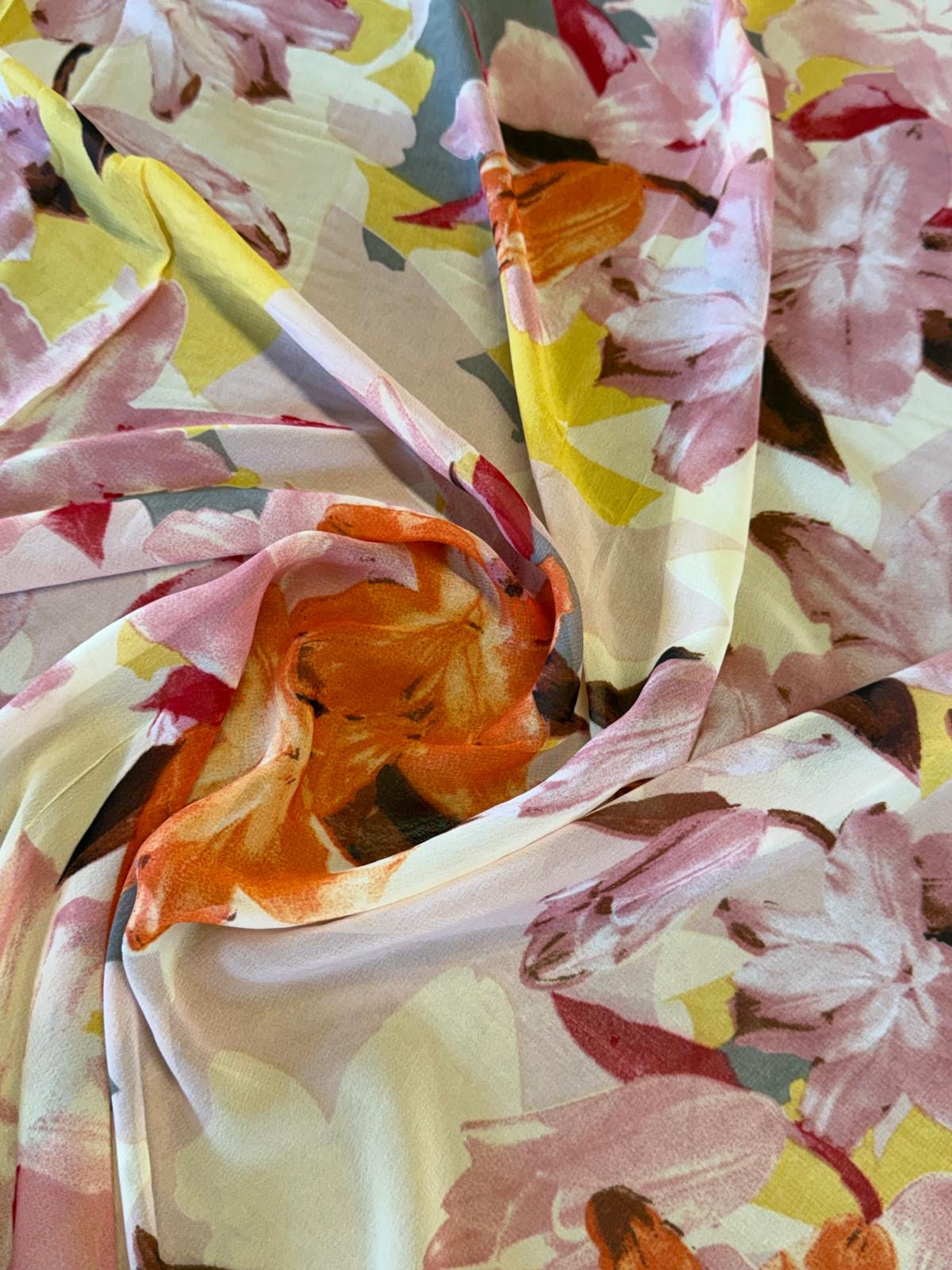Ivory Warm Floral Printed Chiffon Fabric | Elegant Occasion Wear & Layering Fabric