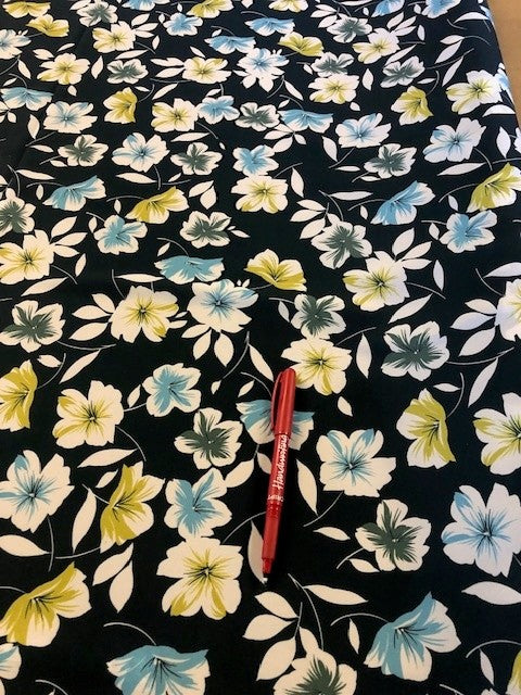 Lime/Turq Floral on Dark Navy Crepe De Chine. 100g/m2, 100% Polyester. Roll Size - 6.5m