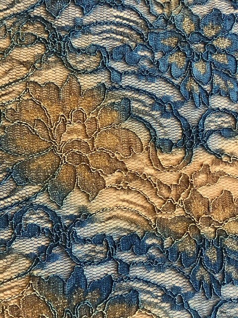 Blue & Gold Corded Lace Fabric with Gold Lurex Detail – Luxury 5.5m Roll