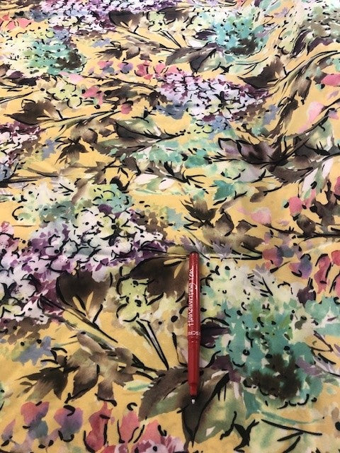 Yellow and Multi Floral Abstract on Crepe De Chine. 110g/m2. 100% Polyester. Roll Size: 4m