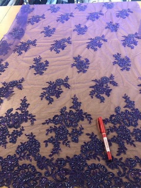 Violet Corded and Beaded Scalloped Edge Lace. 130g/m2, 50% Polyamide 50% Viscose. Roll Size: 0.8m