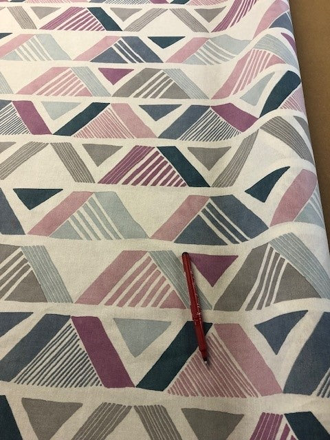 Pink/Teal Abstract Pyramids Furnishing Fabric. "Fryetts - Maurice" 320g/m2, 100% Cotton. Roll Size: 1.8m