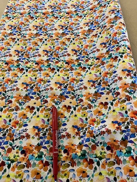 Orange/Blue Floral on Cotton. 110g/m2, 100% Cotton. Roll Size: 4.6m