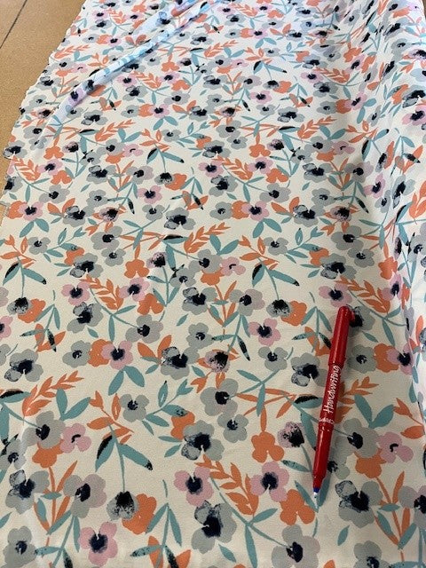 Pastels Floral on Ivory Jersey. 220g/m2, 95% Polyester 5% Elastane. Roll Size: 3.5m