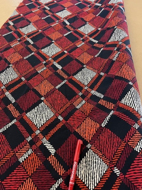 Orange/Burgundy Diamond Print on Viscose. 120g/m2, 100% Viscose. Roll Size: 6m